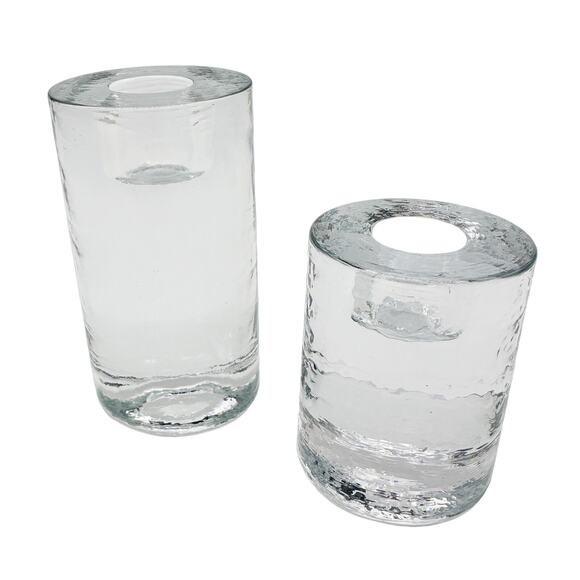 Recycled Glass Taper Candle Holders Made in Thailand Ice Glass Round Cylinder x2 - Picture 1 of 13